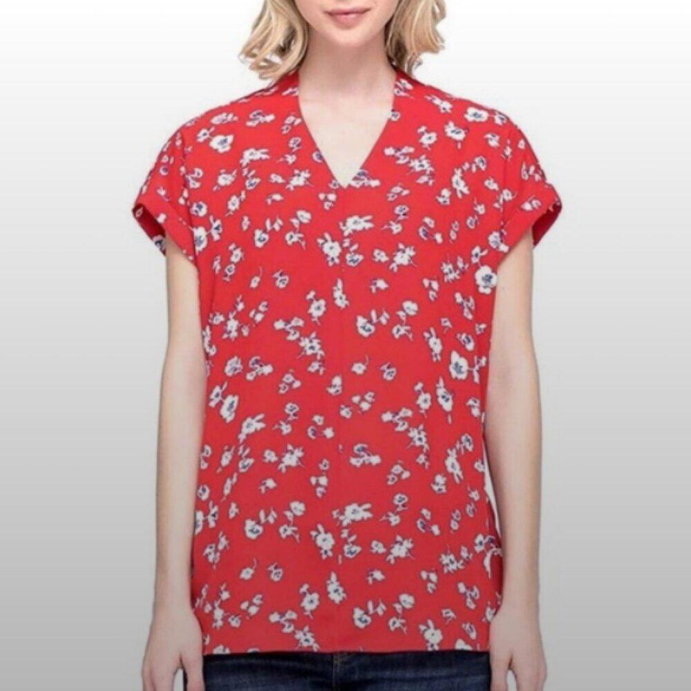 Pleione Womens M Red White and Blue Floral Short Sleeve Blouse Size: M